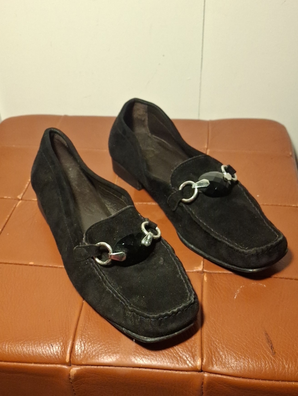 Stuart Weitzman Black Women's Suede Loafer Flats with Decorative Hardware